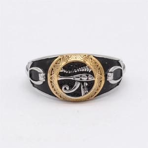 Retro Egyptian Horus Eye ring for men in stainless steel with gold and silver accents