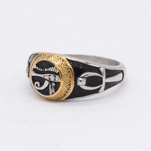 Retro Egyptian Eye of Horus Anubis ring in stainless steel with golden accents