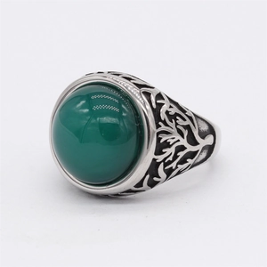 Vintage tree of life signet ring with large green gemstone in silver stainless steel