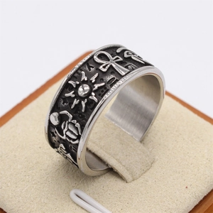 Bague rétro en acier avec Œil de Horus et symboles de croix égyptienne Anubis