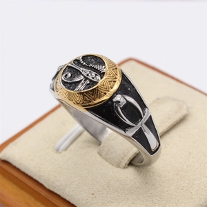 Retro Egyptian eye of Horus and Ankh cross steel ring for men in silver and gold finish