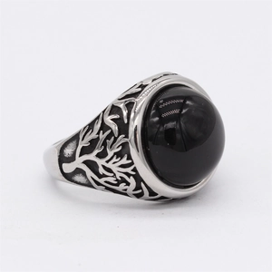 Retro tree of life titanium steel ring with large oval black gemstone for men