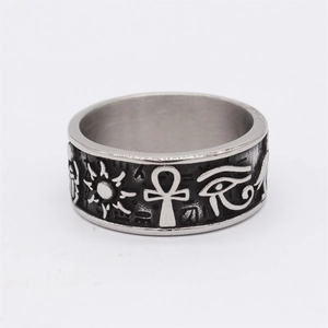 Bague vintage en acier inoxydable avec oeil d'Horus égyptien et symboles Ankh