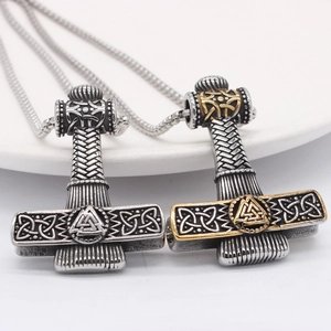 Retro Viking Thor's Hammer necklaces with Valknut symbol in silver and gold steel