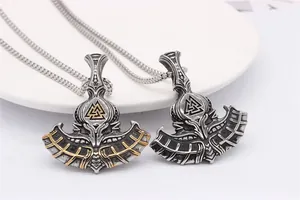 Detail of Viking axe necklaces with Valknut symbols and square pearl chains in retro style