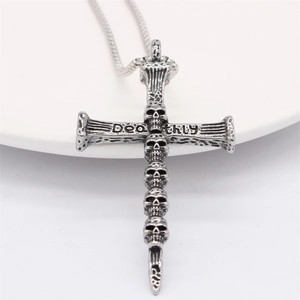 Vintage Silber Totenkopf Kreuzanhänger Halskette mit Deathly Gravur auf Metallkette