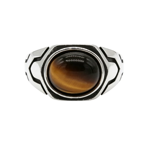 Retro stainless steel men's ring with oval tiger eye stone and vintage polished finish