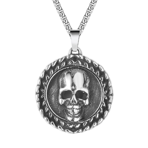 Vintage Punk Skull Pendant Necklace Titanium Steel Round Plate Relief Gothic Jewelry Distressed Style Necklace For Men