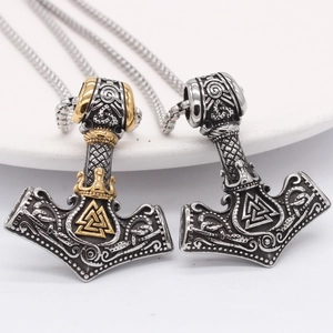 Retro Viking Mjolnir pendant necklace with Valknut symbol and ornate engravings