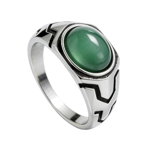 Retro men's titanium steel ring with an oval green gemstone and engraved lightning patterns