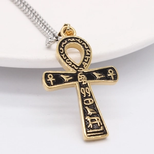 Pendentif croix Ankh égyptienne avec cadre doré et hiéroglyphes en émail noir