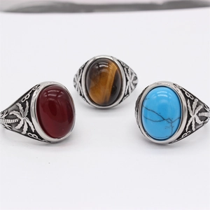 Bagues rétro en acier inoxydable avec agate rouge, oeil de tigre et turquoise