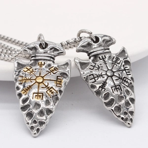 Vintage Viking Celtic shield arrow necklace with Nordic compass symbol in stainless steel