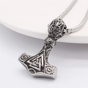 Vintage Viking Mjölnir pendant with Valknut symbol on stainless steel snake chain necklace