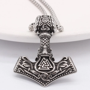 Retro Nordic Viking Mjolnir pendant necklace with Valknut symbol and Celtic patterns