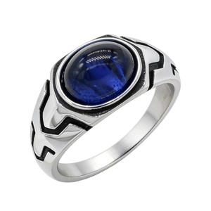 Retro men's stainless steel ring featuring a large oval blue gemstone and carved patterns