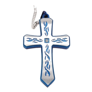 Collier pendentif croix pour homme en acier titane bleu et argent avec pierre zircon