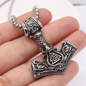 Vintage Mjolnir Thor's Hammer pendant necklace with Valknut symbol and Viking patterns