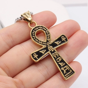 Collier pendentif croix Ankh dorée avec hiéroglyphes égyptiens en acier vintage
