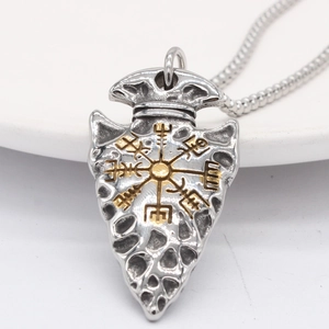 Retro Viking compass shield pendant necklace with silver arrow shape and ball chain