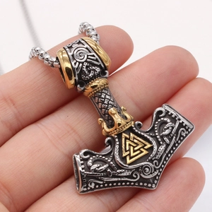 Vintage Viking Thor's Hammer Mjolnir pendant necklace with Valknut symbol and metal box chain