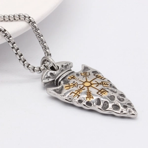 Vintage Viking Vegvisir compass arrow pendant necklace for men in silver and gold steel