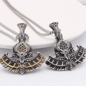 Vintage Viking axe pendant necklace with Valknut symbol in silver and gold finish
