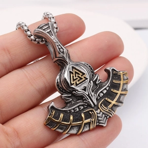 Retro Viking axe pendant with golden Valknut symbol on a vintage steel pearl chain
