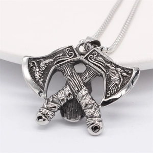Retro Nordic Viking double axe pendant necklace in antique silver steel finish