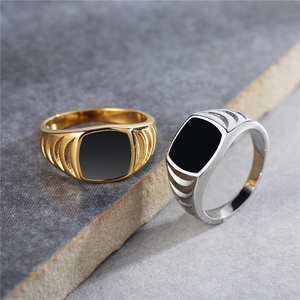 Vintage Herren Siegelring Quadratisch Schwarz Emaille Edelstahl Titan Ring Gold Silber Galvanisiert Punk Industrie Stil Ring