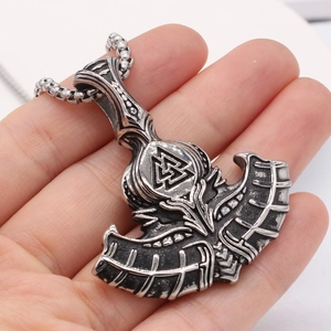 Vintage Viking anchor pendant necklace in stainless steel with Valknut symbol and ax design