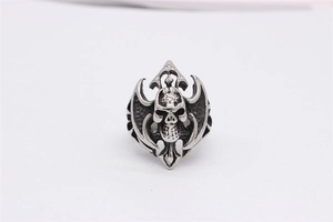 Close-up of gothic skull ring in silver titanium steel with vintage flame wing details