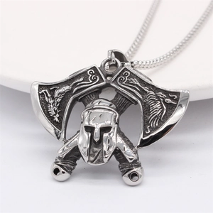 Retro Viking axe necklace with Spartan helmet pendant in matte silver stainless steel