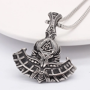 Retro Viking axe pendant necklace in surgical steel with Nordic Valknut engraving on white plate