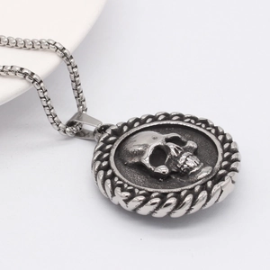 Retro punk style stainless steel skull pendant round necklace with box chain for men