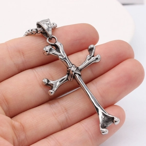 Vintage gothic cross pendant with bone design and box chain for men in steel silver