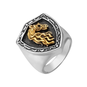 Bague Chevalière Tête de Cheval Bouclier en Acier Titane Homme Vintage Punk Rétro Or Argent Bicolore Bijoux Animal Biker Bouclier