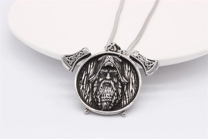 Detailed close-up of Viking warrior pendant with double axes in vintage titanium steel