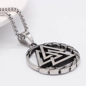 Nordic Viking Valknut pendant necklace in silver stainless steel from a 45-degree angle