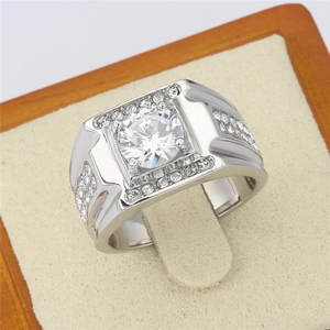 Luxury men's silver titanium steel square wedding ring with large center diamond stone
