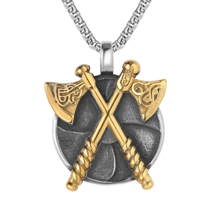 Collier Pendentif Double Hache et Bouclier Viking Rétro pour Hommes en Acier Inoxydable Titane Bijoux de Guerrier Nordique