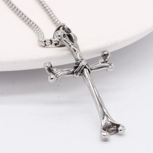Retro gothic cross pendant necklace made of silver bones for men in punk style