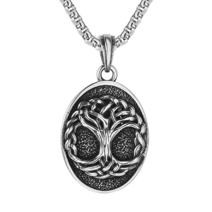 Vintage Titanium Steel Tree Of Life Pendant Necklace For Men Retro Oval Celtic Knot Embossed Necklace Without Chain