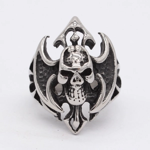 Gothic punk skull ring in vintage silver steel with intricate flame and wing details