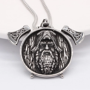 Viking warrior pendant necklace with berserker helmet and crossed axes in silver steel
