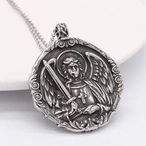 Retro oxidized titanium steel necklace featuring an archangel and cross relief pendant