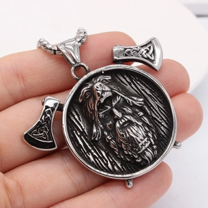Viking warrior shield and dual axes pendant in vintage silver stainless steel for men