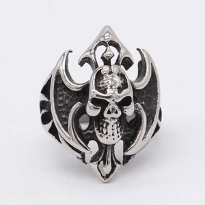 Gothic skull ring for men in vintage stainless steel with flame tribal patterns