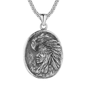 Pendentif en Acier Titane Vintage avec Relief de Chef Indien et Aigle pour Hommes Argent Rétro Bijoux Ethniques