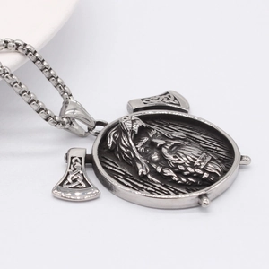 Nordic Viking axe warrior pendant necklace in retro silver finish for men on box chain